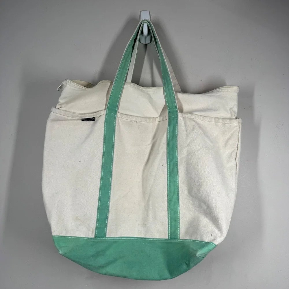 Vintage Lands End Canvas Tote Bag Zip Top Seafoam Green Made in USA Large 22